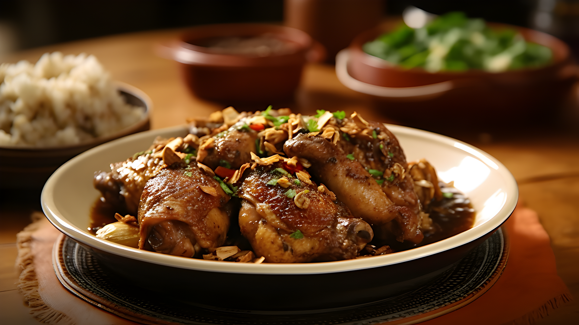 Chicken adobo with soy sauce and vinegar, the national dish of the Philippines, served with rice
