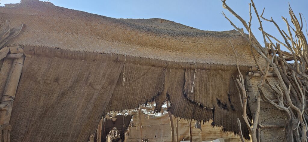 Bursh Hütte der Ababda im Wadi el Gemal in Ägypten mit geflochtenen Palmenblättern als Dach
