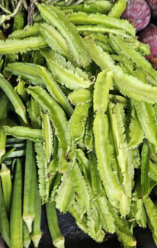 Fresh winged beans (Psophocarpus tetragonolobus), green winged pods beside okra at a Sri Lankan market