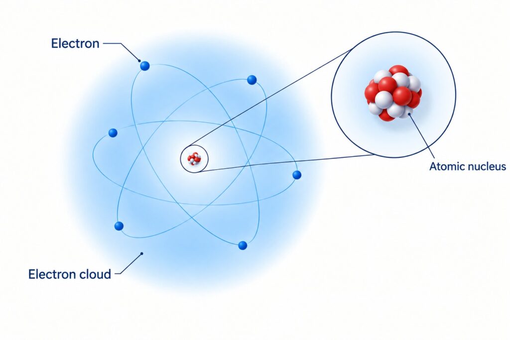 Schematic representation of an atom showing the atomic nucleus and electrons